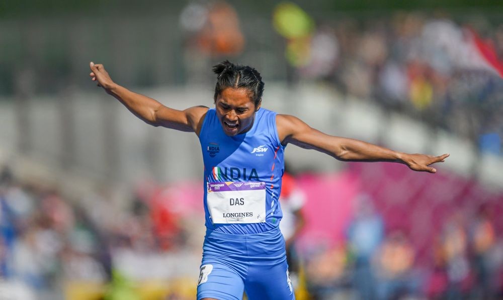 Birmingham: Hima Das of India reacts as she crosses the finish line in her heat of the women's 200 meters during the athletics in the Alexander Stadium at the Commonwealth Games, in Birmingham, UK, Thursday, Aug. 4, 2022. (PTI Photo/R Senthil Kumar)