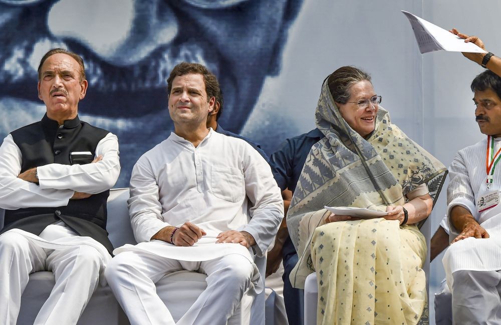 **EDS: FILE PHOTO** New Delhi: In this Oct. 2, 2019 file photo Congress President Sonia Gandhi with party leaders Ghulam Nabi Azad and Rahul Gandhi at Rajghat to commemorate the 150th birth anniversary of Mahatma Gandhi. Azad resigned from all party positions, including its primary membership, on Friday, Aug. 26, 2022. (PTI Photo/Manvender Vashist Lav)
