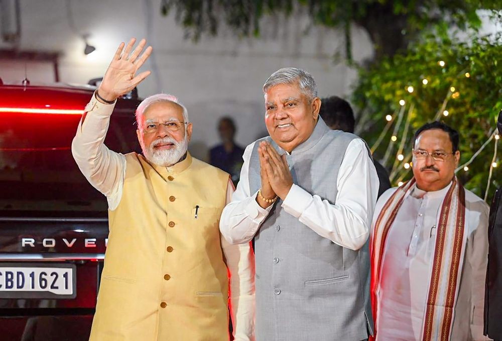 New Delhi: Prime Minister Narendra Modi with the Vice-President designate Jagdeep Dhankar during a meeting, in New Delhi, Saturday, Aug. 6, 2022. BJP National President JP Nadda is also seen. (PTI Photo/Ravi Choudhary)