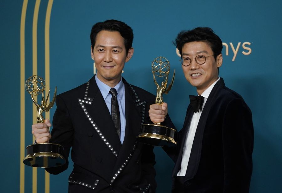 Lee Jung-jae, winner of the Emmy for outstanding lead actor in a drama series for "Squid Game," left, and Hwang Dong-hyuk, winner of the Emmy for outstanding directing for a drama series for "Squid Game," pose in the press room at the 74th Primetime Emmy Awards on Monday, Sept. 12, 2022, at the Microsoft Theater in Los Angeles. AP/PTI(