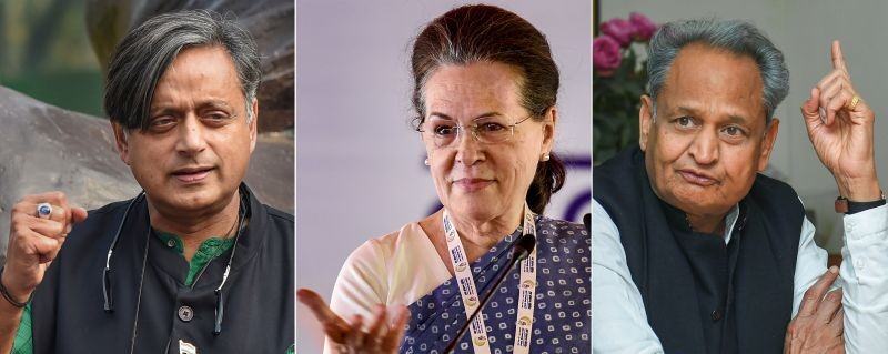 File photos of (L-R) Shashi Tharoor, Sonia Gandhi and Ashok Gehlot. After more than two decades, the Congress is likely to see a non-Gandhi contest for the post of its chief, with Shashi Tharoor and Rajasthan Chief Minister Ashok Gehlot likely to run for the AICC presidential poll. (PTI Photo)