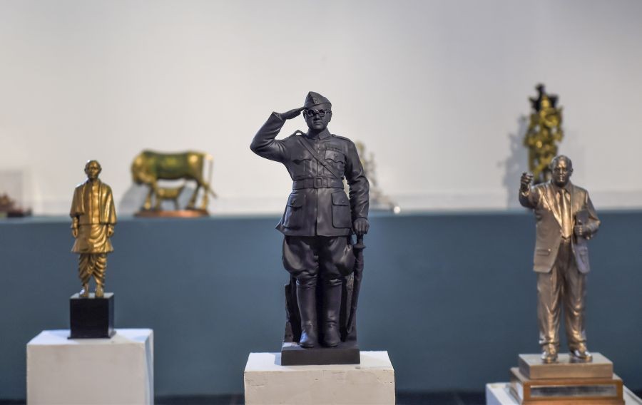 New Delhi: Statues of freedom fighters Vallabhbhai Patel, Subhas Chandra Bose and B. R. Ambedkar presented to Prime Minister Narendra Modi as mementos, being displayed at National Gallery of Modern Art in New Delhi, Sunday, Sept. 11, 2022. (PTI Photo/Kamal Singh)