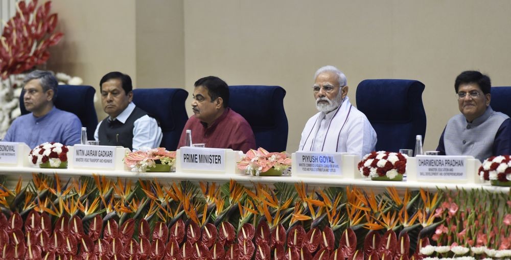 New Delhi: Prime Minister Narendra Modi with Union Ministers Piyush Goyal, Nitin Gadkari, Sarbananda Sonowal and Ashwini Vaishnaw during the launch of National Logistics Policy, in New Delhi, Saturday, Sept. 17, 2022. (PTI Photo/Atul Yadav)
