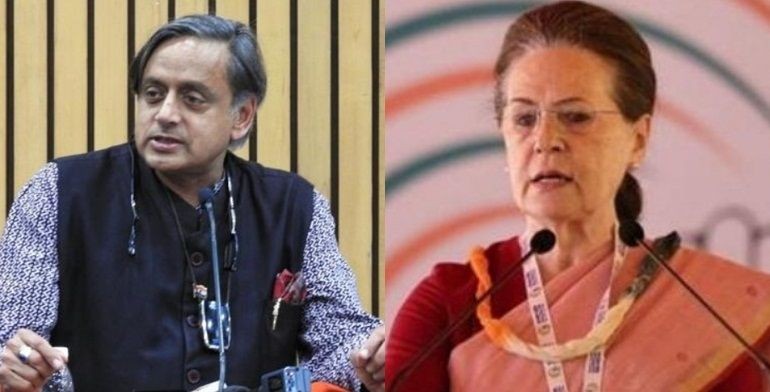 Shashi Tharoor and Sonia Gandhi. (IANS Photo)