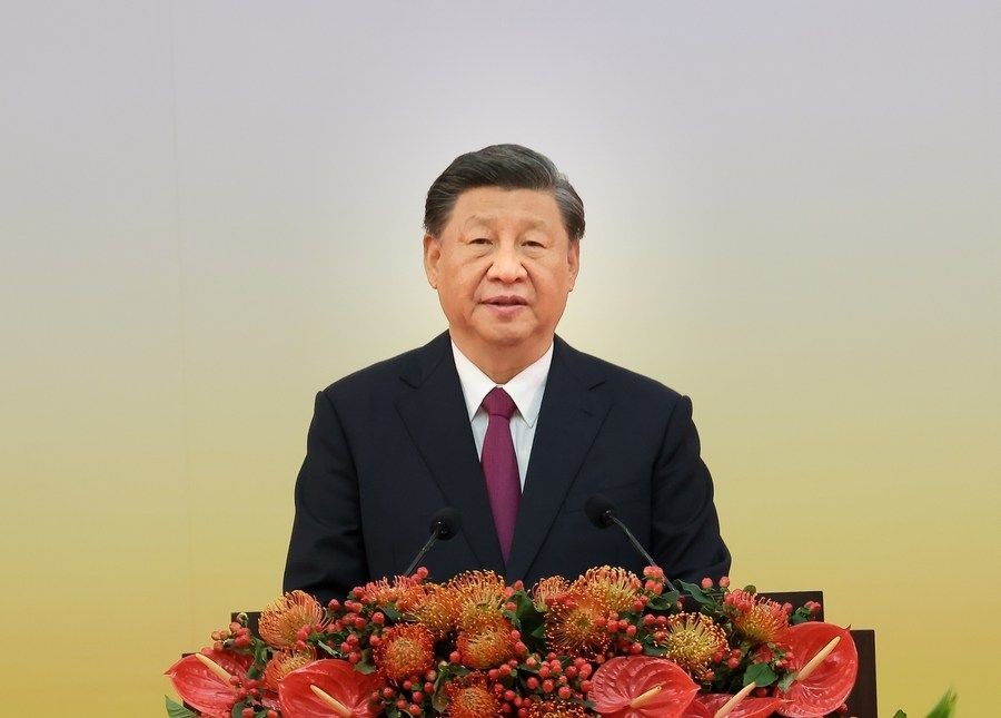 Chinese President Xi Jinping, also general secretary of the Communist Party of China Central Committee and chairman of the Central Military Commission, attends a meeting celebrating the 25th anniversary of Hong Kong's return to the motherland and the inaugural ceremony of the sixth-term government of the Hong Kong Special Administrative Region and delivers an important speech, at the Hong Kong Convention and Exhibition Center in Hong Kong, south China, July 1, 2022. (Xinhua/Yao Dawei/IANS)