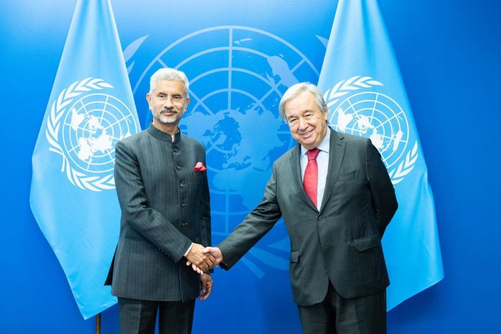 **EDS: TWITTER IMAGE POSTED BY @DrSJaishankar ON SUNDAY, SEPT. 25, 2022** New York: External Affairs Minister S. Jaishankar in a meeting with United Nations Secretary General António Guterres, in USA. (PTI Photo)