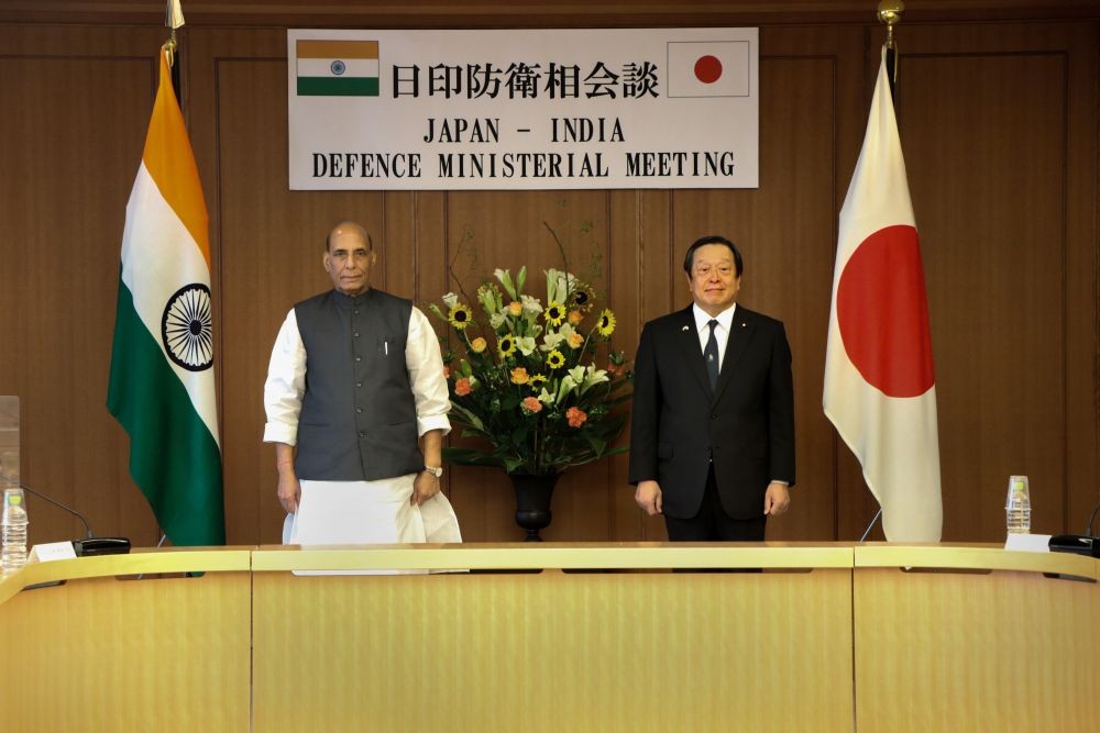 **EDS: HANDOUT PHOTO MADE AVAILABLE FROM PRO (DEFENCE) ON THURSDAY, SEPT. 8, 2022** Tokyo: Defence Minister Rajnath Singh with Minister of Defense of Japan Yasukazu Hamada during a bilateral meeting, in Tokyo. (PTI Photo)