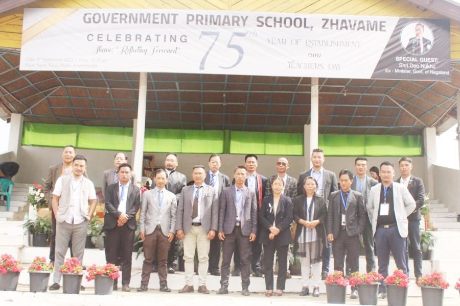 Former minister, Deo Nukhu seen with village leaders, teachers & others during the commemoration of 75 years of GPS Zhavame on September 5.