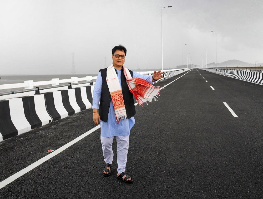 Sonitpur: Union Minister for Law and Justice Kiren Rijiju during his visit to the new Kaliabhomora bridge over the Brahmaputra river, in Sonitpur district, Friday, Sept. 23, 2022. (PTI Photo)(