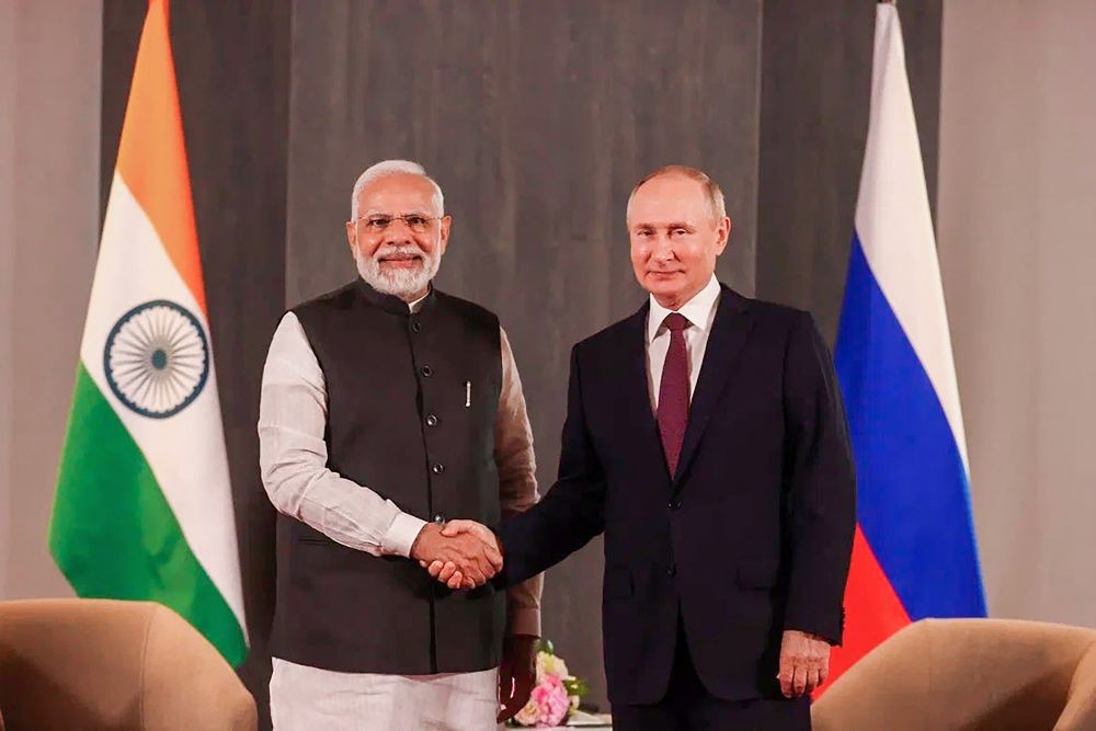 **EDS: TWITTER IMAGE POSTED BY @MEAIndia ON FRIDAY, SEPT. 16, 2022** Samarkand: Prime Minister Narendra Modi with President of Russia Vladimir Putin during a meeting on the sidelines of SCO Summit, in Samarkand, Uzbekistan, Friday, Sept. 16, 2022. (PTI Photo)