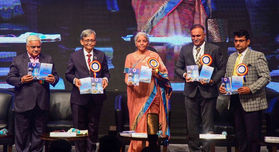 Mumbai: Union Finance Minister Nirmala Sitharaman launches a handbook on 'Banking and Finance' and another for 'MSME's on Exports' during the 'Laghu Udyog Bharati Maharashtra Adhiveshan', in Mumbai, Friday, Sept. 16, 2022. (PTI Photo)