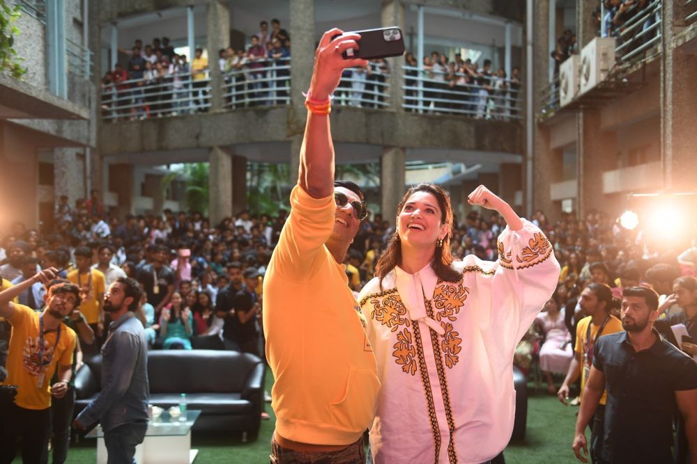 Navi Mumba: Filmmaker Madhur Bhandarkar and actress Tamannaah Bhatia promote their film 'Babli Bouncer' at the Pillai College in Navi Mumbai, Saturday, Sept. 24, 2022. (PTI Photo)