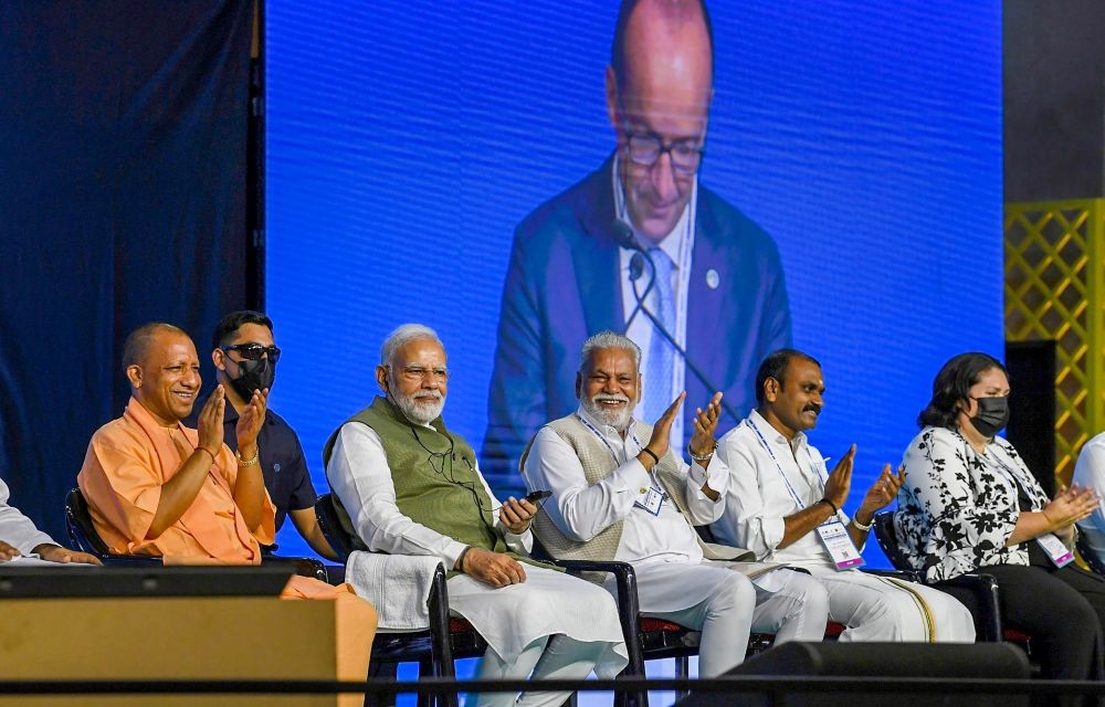 **EDS: HANDOUT PHOTO MADE AVAILABLE FROM PIB ON MONDAY, SEPT. 12, 2022** Greater Noida: Prime Minister Narendra Modi with Union Minister for Fisheries, Animal Husbandry and Dairying Parshottam Rupala, Uttar Pradesh Chief Minister Yogi Adityanath and other dignitaries during the International Dairy Federation World Dairy Summit (IDF WDS) 2022, at India Expo Centre & Mart in Greater Noida, Monday, Sept. 12, 2022. (PTI Photo)(