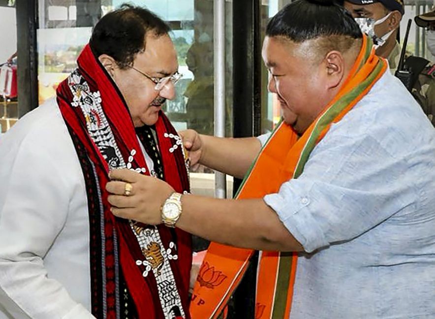 **EDS: TWITTER IMAGE POSTED BY @BJP4India ON THURSDAY, SEPT. 15, 2022** Dimapur: BJP National President JP Nadda being welcomed upon his arrival in Dimapur, Nagaland. (PTI Photo)