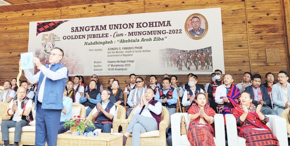 Pangnyu Phom releases golden jubilee souvenir of Sangtam Union Kohima on September 3 at Kisama. (Morung Photo)