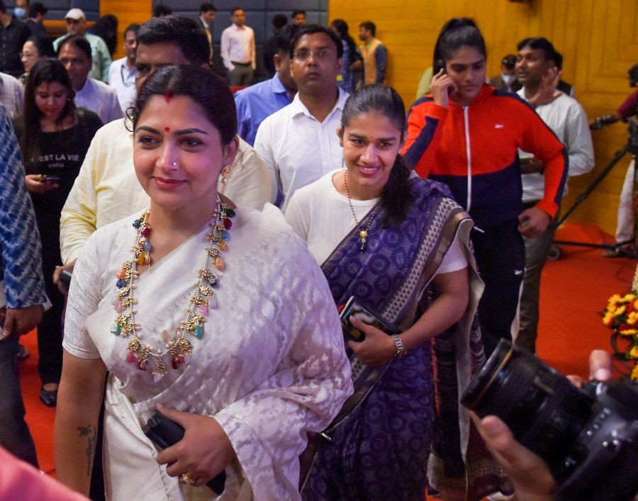 New Delhi: Actress Khushbu Sundar with wrestler Babita Phogat at an event for the launch of the book 'Ambedkar and Modi: Reformer's Ideas Performer's Implementation', in New Delhi, Friday, Sept. 16, 2022. (PTI Photo/Shahbaz Khan)(