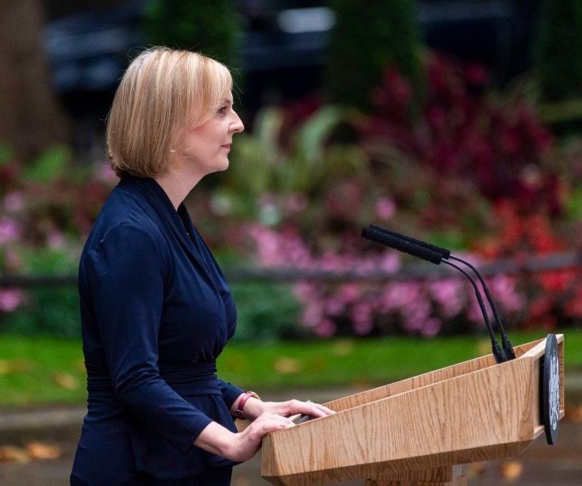 Britain's new Prime Minister Liz Truss delivers her first address to the nation outside 10 Downing Street in London, Britain, on Sept. 6, 2022.(Photo by Stephen Chung/Xinhua/IANS)