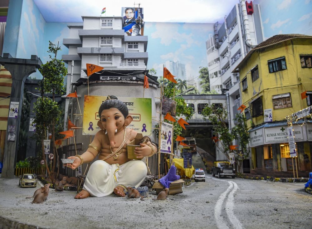 Mumbai: A Ganesh Chaturthi decoration created by artist Franklin Paul displaying the famous Tata Memorial Hospital, in Mumbai, Saturday, Sept. 3, 2022. (PTI Photo/Kunal Patil)