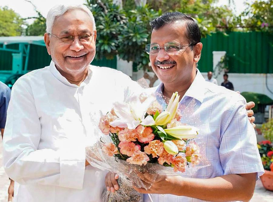 **EDS: TWITTER IMAGE POSTED BY @ArvindKejriwalON TUESDAY, SEPT. 6, 2022** New Delhi: Delhi Chief Minister Arvind Kejriwal with Bihar Chief Minister Nitish Kumar during a meeting, in New Delhi, Tuesday, Sept. 6, 2022. (PTI Photo)