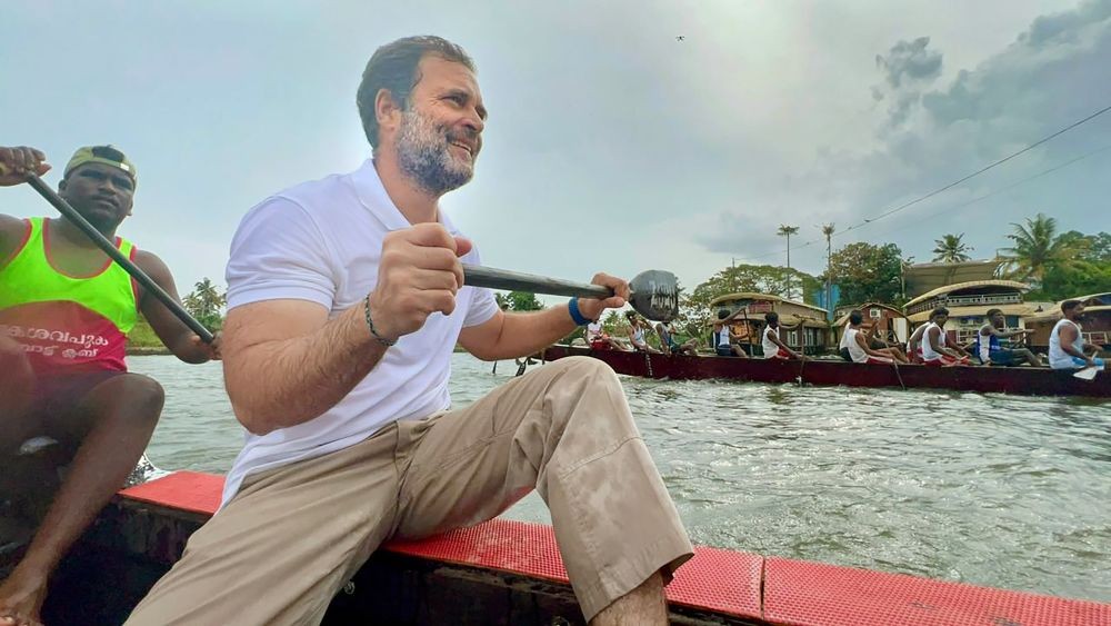 **EDS: IMAGE VIA @INCIndia** Alleppy: Congress leader Rahul Gandhi participates in a snake boat race exhibition in Punnamada Lake of Kerala, Monday, Sept. 19, 2022. Gandhi is in Kerala for the Bharat Jodo Yatra. (PTI Photo)