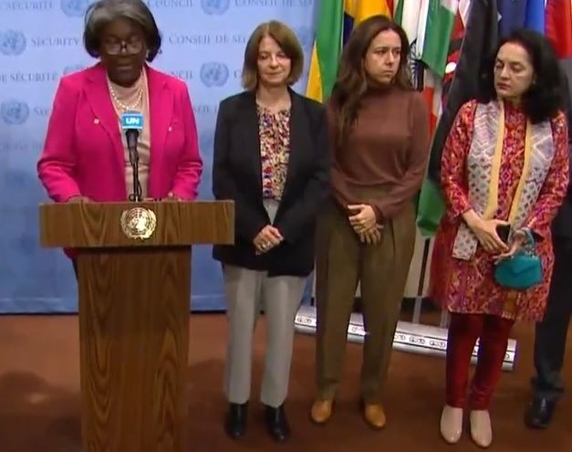 India's Permanent Representative Ruchira Kamboj, right, joins United States Permanent Representative Linda Thomas-Greenfield, left, in issuing a statement at the United Nations on Wednesday, October 5, 2022, condemning North Korea's missile launches. (Photo Source: UN)