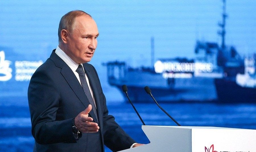Russian President Vladimir Putin addresses the Eastern Economic Forum plenary session in Vladivostok, Russia on Sept. 7, 2022. (Kremlin press release/IANS)