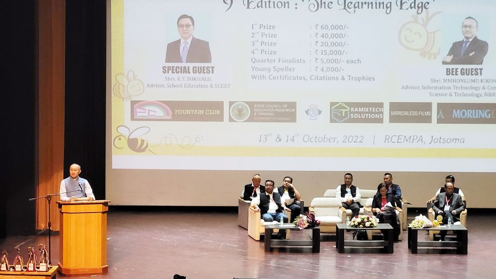 Mmhonlumo Kikon speaking at the inaugural function of 9th Nagaland Spelling Bee Championship 2022 on October 13. (Morung Photo)