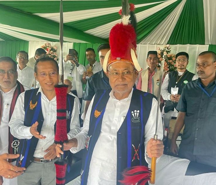 Kohima: Bihar CM Nitish Kumar being felicitated during a public meeting in Kohima, Nagaland on Tuesday, Oct. 11, 2022. (Photo: IANS)