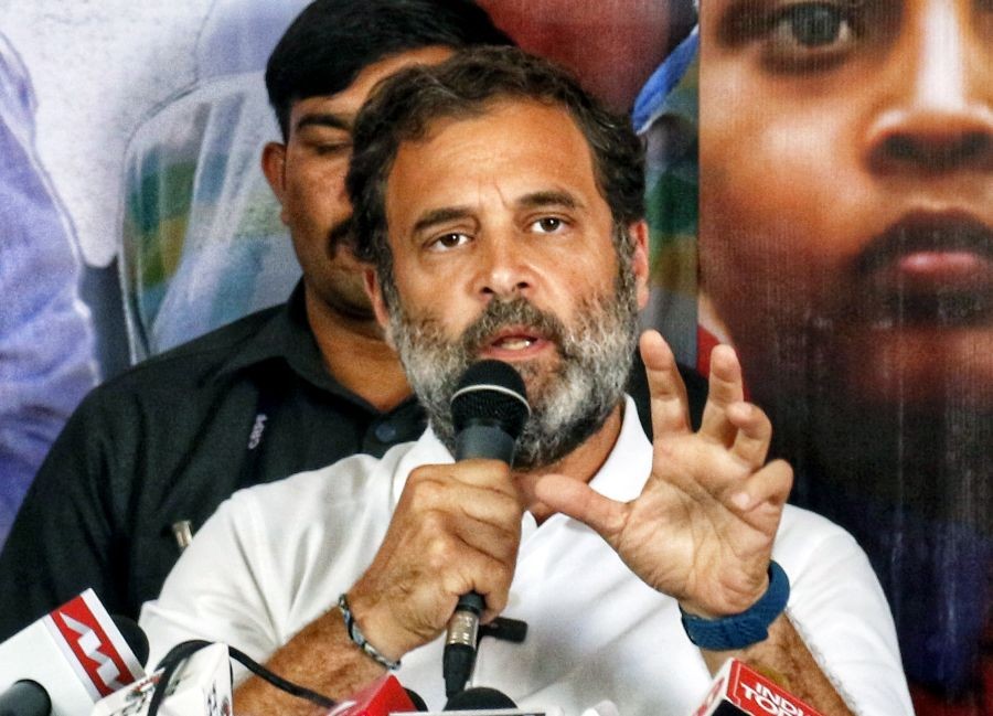 Turuvekere : Congress leader Rahul Gandhi addressing a press conference at Cosmopolitan Club, in Turuvekere, Karnataka on Saturday, October 08, 2022. (Photo: IANS/Wasim Sarvar)