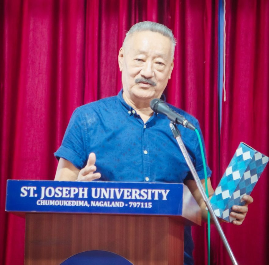 Rev Dr Wati Aier, Convenor, FNR speaking at the fifth Annual Veritas Lecture organised by Department of Political Science, St Joseph University, Chümoukedima on September 30. (Photo Courtesy: SJU)