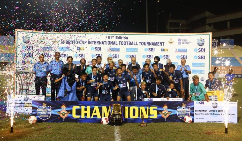 Jubilant Nagaland team after winning U-17 Subroto Cup 2022 in Delhi on October 13.