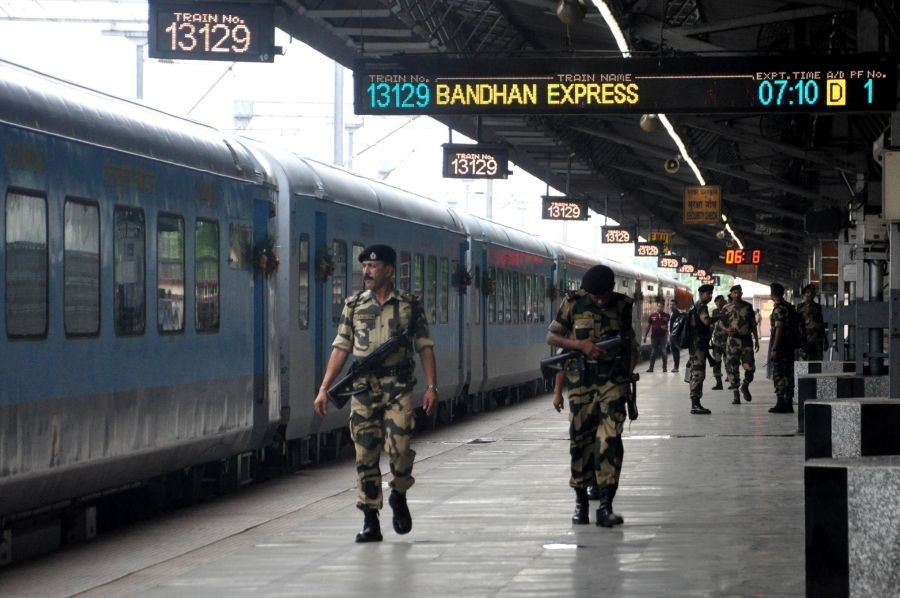 Kolkata: BSF personnel on duty before departure of the Bandhan Express passenger train between India and Bangladesh as the service resumed after an over two-year gap owing to the pandemic, from Kolkata station on way to Khulna in the neighboring country, in Kolkata on May 29, 2022.  (Photo: Kuntal Chakrabarty/IANS)
