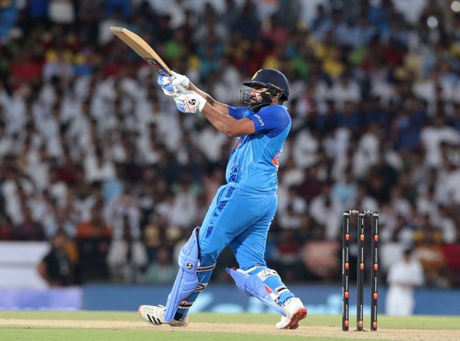Nagpur: Indian captain Rohit Sharma plays a shot during the second T20 cricket match between India and Australia at Vidarbha Cricket Association Stadium in Nagpur on Friday September 23, 2022.(Photo:Raj Kumar/IANS)
