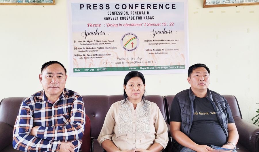 Vezokho Vero, Thungdeno Mozhui and Rev Velavoyi Keyho at the press conference in Kohima on October 11. (Morung Photo)