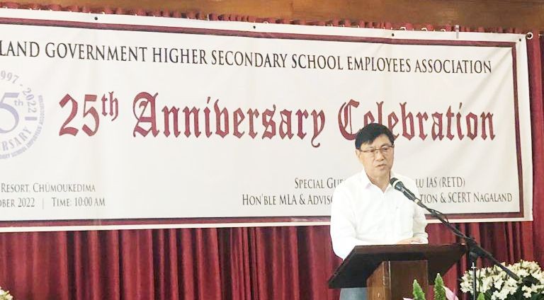 Nagaland Advisor for School Education & SCERT, KT Sukhalu addresses the 25th Anniversary of Nagaland Government Higher Secondary Employees Association (NGHSSEA) at Naithu Resort, Chümoukidima on October 8. (Morung Photo)