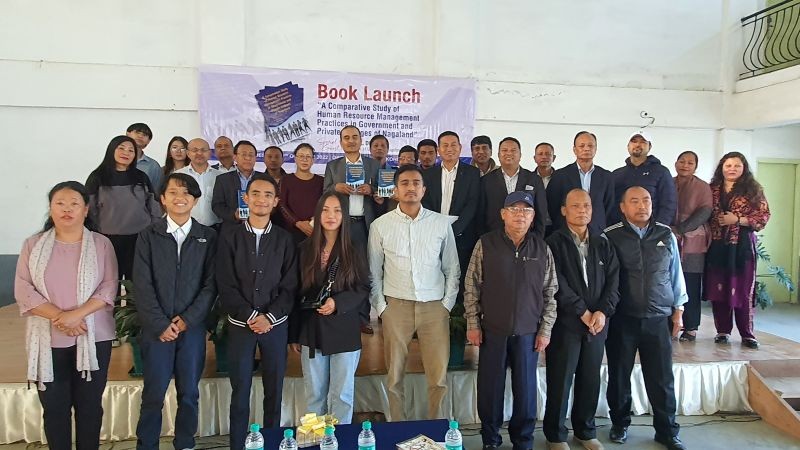 Dr Gopal Chetri with others during the release of book, A Comparative Study on Human Resource Management (HRM) Practices in Government and Private Colleges of Nagaland’ in Kohima on October 18. (Morung Photo)