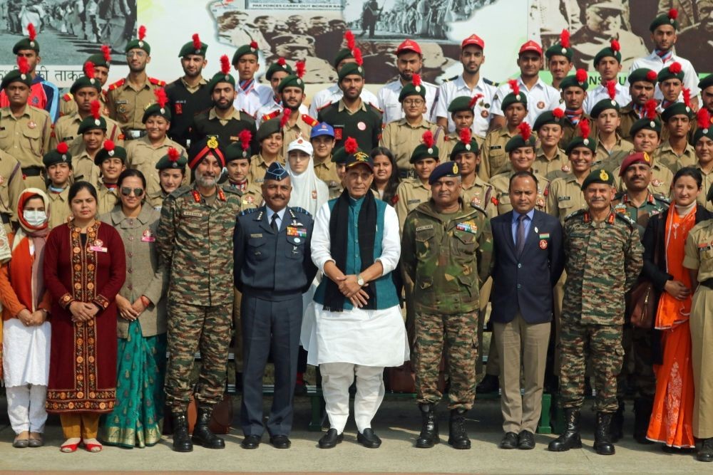 Budgam: Union Defence Minister Rajnath Singh during Ã¢Â€Â˜Shaurya DiwasÃ¢Â€Â™ celebrations on the 76th Infantry Day, in Budgam district on Thursday, Oct. 27, 2022. (Photo: Nisar Malik /IANS)