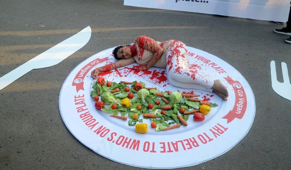 Kolkata:An activists of vegan Bengal during a protest violence against animals in front of Victoria Memorial in Kolkata on Saturday October 15,2022.(Photo: Kuntal Chakrabarty/IANS)