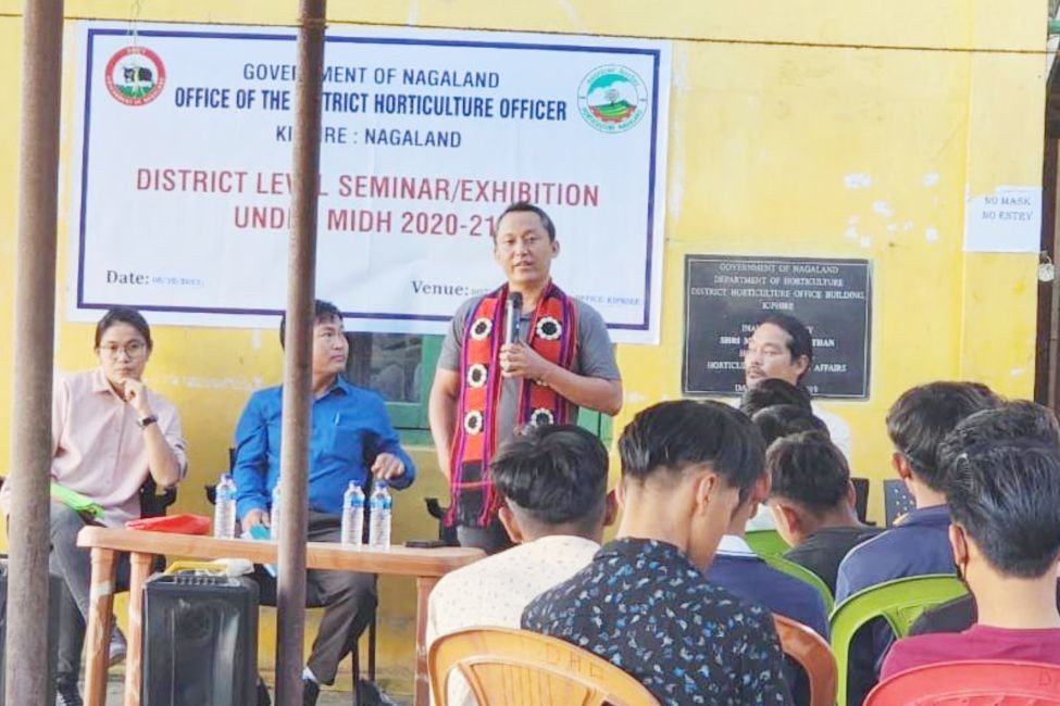 Dr N Khumdem Ezung, Sr Scientist KVK Kiphire speaking during the one-day district level workshop and seminar on mushroom cultivation and its value addition at the District Horticulture Office, Kiphire on October 8.  During the seminar Temjenna Jamir, Subject Matter Specialist, KVK Kiphire spoke on the scope of mushroom cultivation in Kiphire while highlighting the economic, nutritional value and market demand of mushrooms. Techniques and procedure on cultivation of mushrooms, different value added products along with hands-on training on how to cultivate oyster mushroom using paddy straw were demonstrated by the resource person along with free distribution of spawns to the 110 farmers who attended the programme.