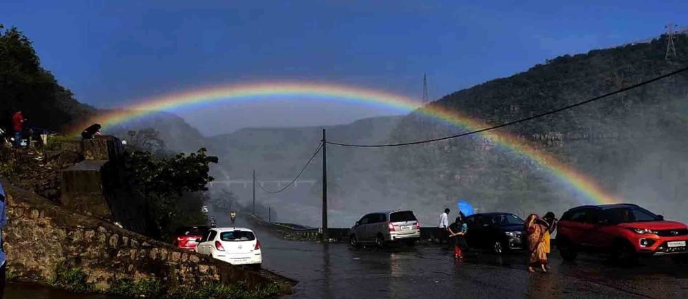 Kurnool District:A rainbow appears above the Srisailam hills at Kurnool District of Andhra Pradesh on Saturday October 22,2022. (Photo:snapsIndia/IANS)