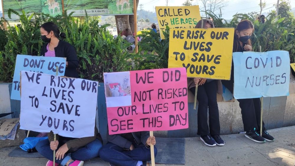 Protesting nurses in their scrub suits as the DRAN began the 2nd phase of agitation on November 14 in Kohima. (Morung Photo)