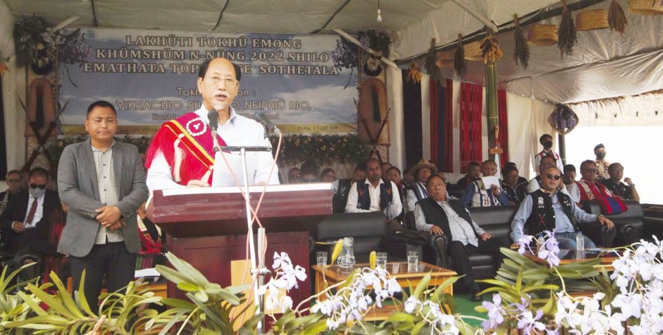 CM Neiphiu Rio speaking at the Tokhu Emong programme at Lakhuti on November 7. (DIPR Photo)