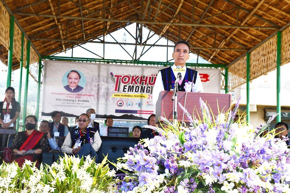 Commissioner & Secretary, K Libanthung Lotha addressing the Tokhu Emong Mini Hornbill Festival 2022 at Wokha town. (DIPR Photo)