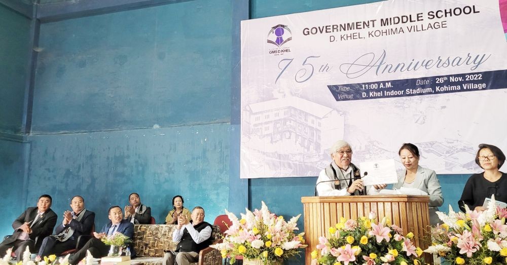 Dr Neikiesalie Kire releases 75th anniversary souvenir of GMS D Khel on November 26. (Morung Photo)