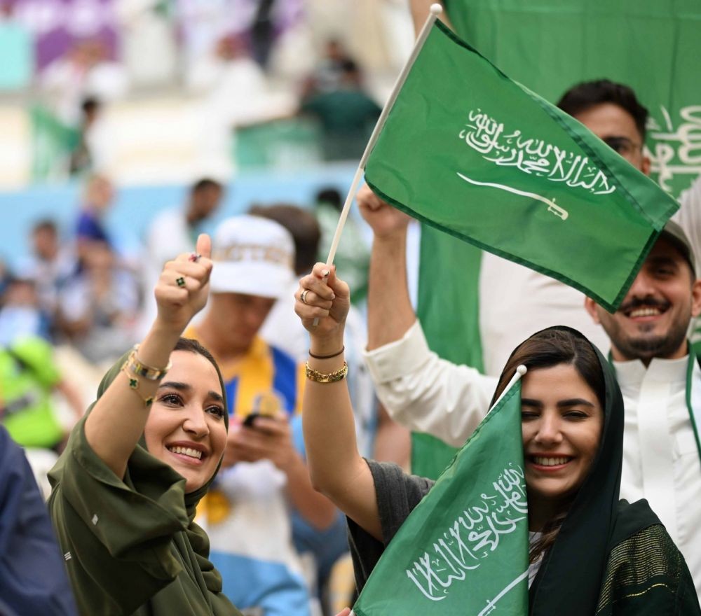 Lusail:Saudi Arabia's fans celebrate their victory after the World Cup group C soccer match between Argentina and Saudi Arabia at the Lusail Stadium in Lusail, Qatar, Tuesday, Nov. 22, 2022.(Photo:Suman Chattopadhyay/IANS/Image Solution)