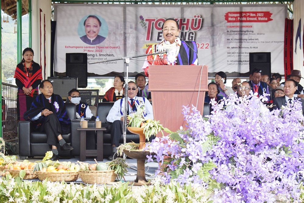MLA Imkong L Imchen addressing the Tokhu Emong celebration at Wokha town on November 7. (DIPR Photo)