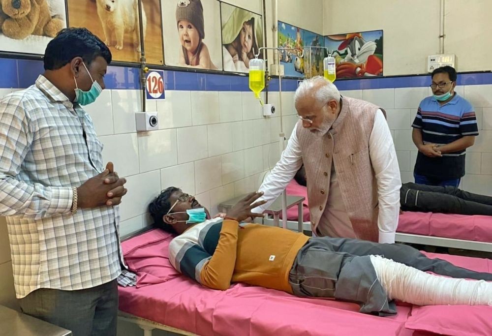 Morbi: Prime Minister Narendra Modi meets the injured from the cable bridge collapse incident at Morbi Civil Hospital in Morbi on Tuesday, Nov. 01, 2022. (Photo: Twitter)
