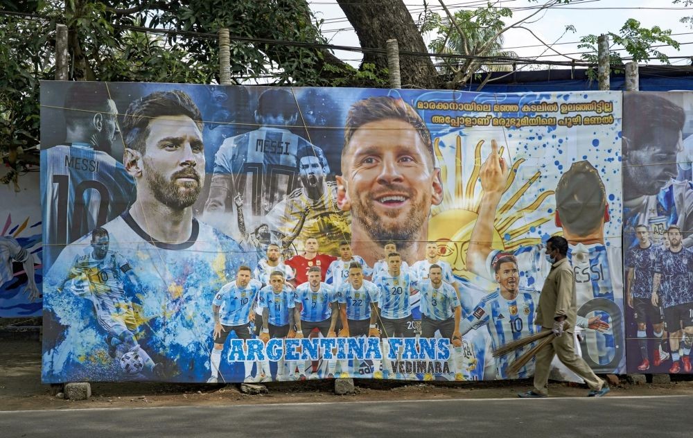 Kochi: A banner of Footballer Lionel Messi put up ahead of the upcoming FIFA World Cup 2022, at Paravur near Kochi on Tuesday, Nov. 15, 2022. (Photo: Arun chandrabos/IANS)