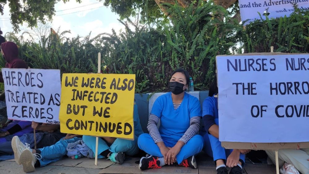 Protesting nurses in their scrub suits as the DRAN began the 2nd phase of agitation on November 14 in Kohima. (Morung Photo)