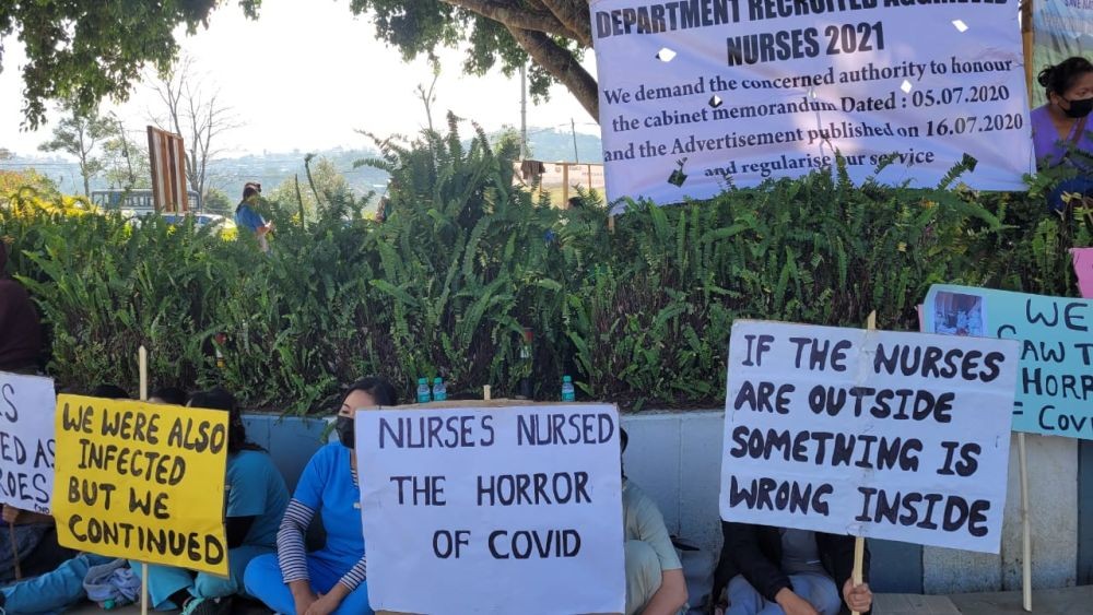 Protesting nurses in their scrub suits as the DRAN began the 2nd phase of agitation on November 14 in Kohima. (Morung Photo)